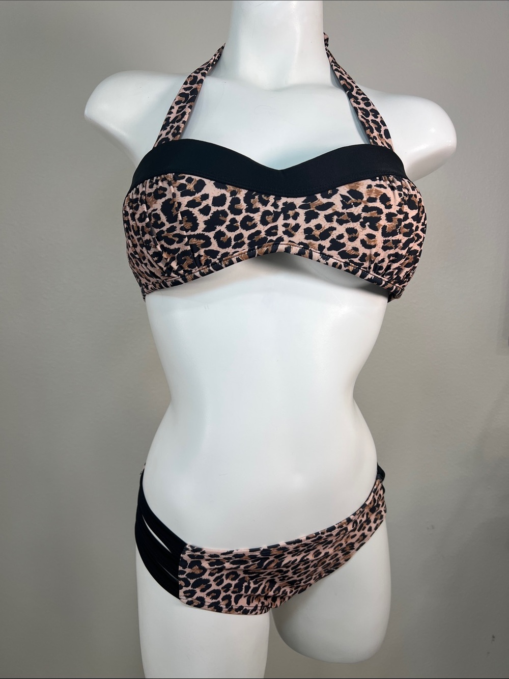 Marina West Leopard Print Halter Bikini Set - Black & Tan LARGE